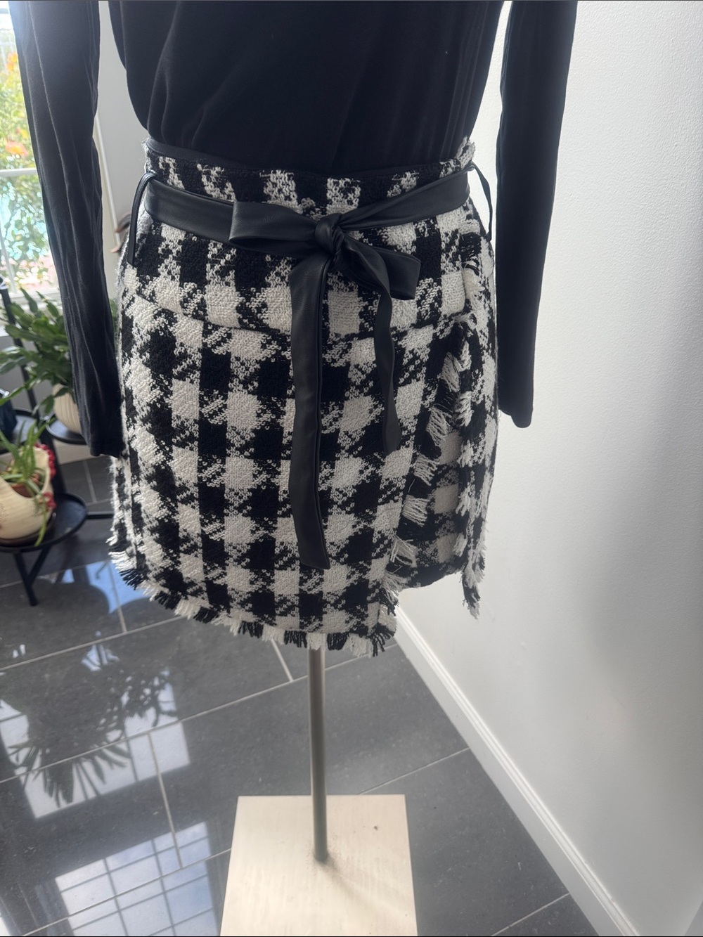 VENUS Black and White Check Tweed Skort with Faux-Leather Tie
